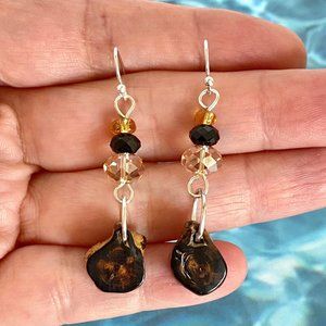 Florida Black Coral & Crystals Pierced Earrings Silver Tone Ethically Sourced